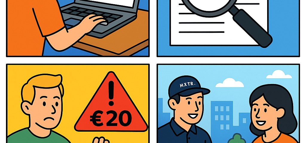 Ilustración cómic Flat Design sobre cómo verificar transportistas fiables y evitar estafas en envíos a Bulgaria con NXTP.es.