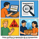 Ilustración cómic Flat Design sobre cómo verificar transportistas fiables y evitar estafas en envíos a Bulgaria con NXTP.es.