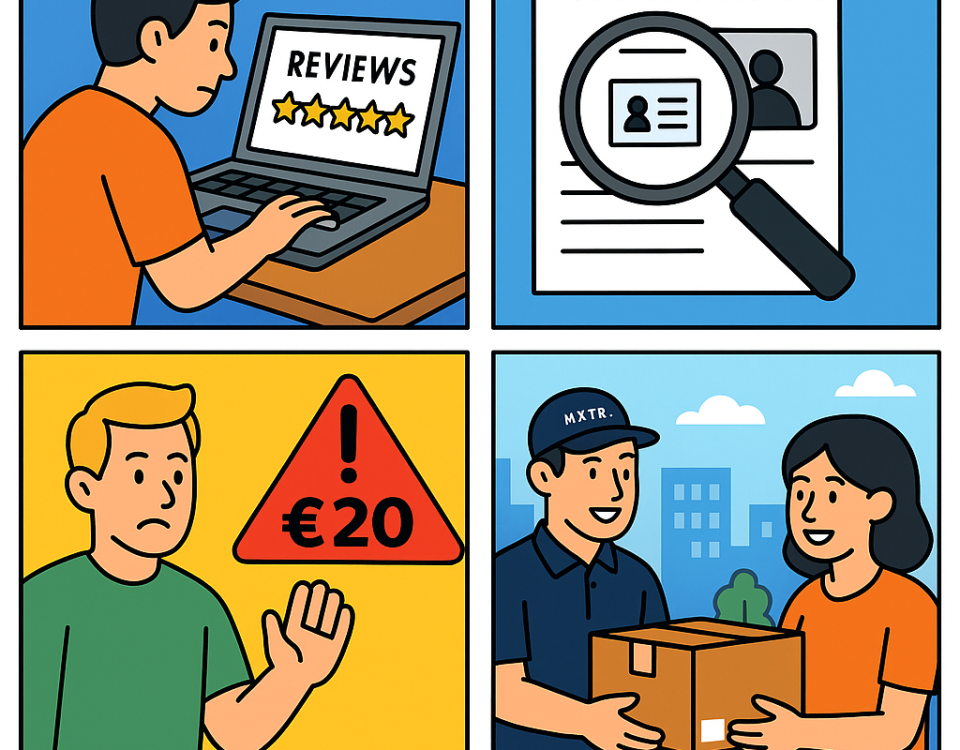 Ilustración cómic Flat Design sobre cómo verificar transportistas fiables y evitar estafas en envíos a Bulgaria con NXTP.es.