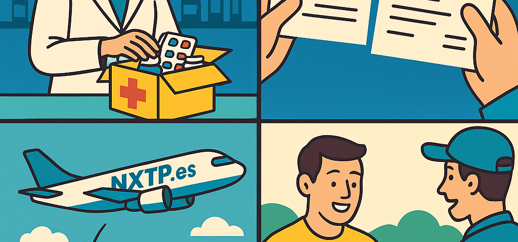 Ilustración cómic Flat Design sobre envío de medicamentos y productos de farmacia a Bulgaria con NXTP.es.
