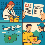 Ilustración cómic Flat Design sobre envío de medicamentos y productos de farmacia a Bulgaria con NXTP.es.
