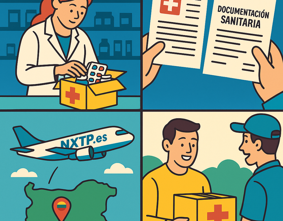 Ilustración cómic Flat Design sobre envío de medicamentos y productos de farmacia a Bulgaria con NXTP.es.