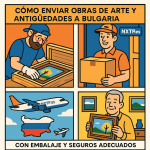 Ilustración cómic Flat Design sobre envío de obras de arte y antigüedades a Bulgaria con NXTP.es.
