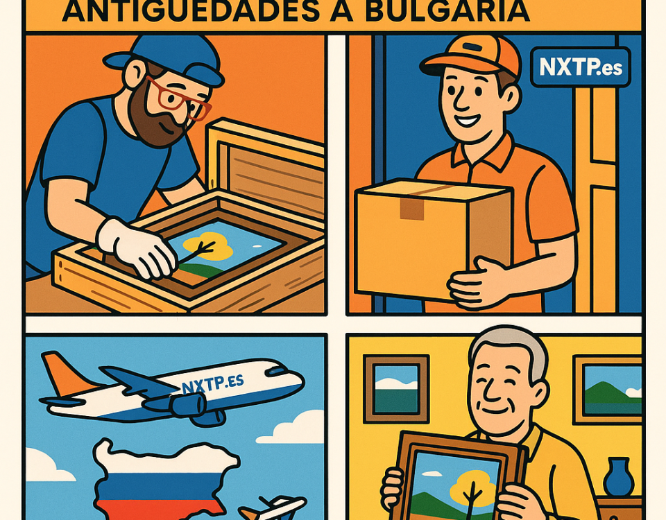 Ilustración cómic Flat Design sobre envío de obras de arte y antigüedades a Bulgaria con NXTP.es.