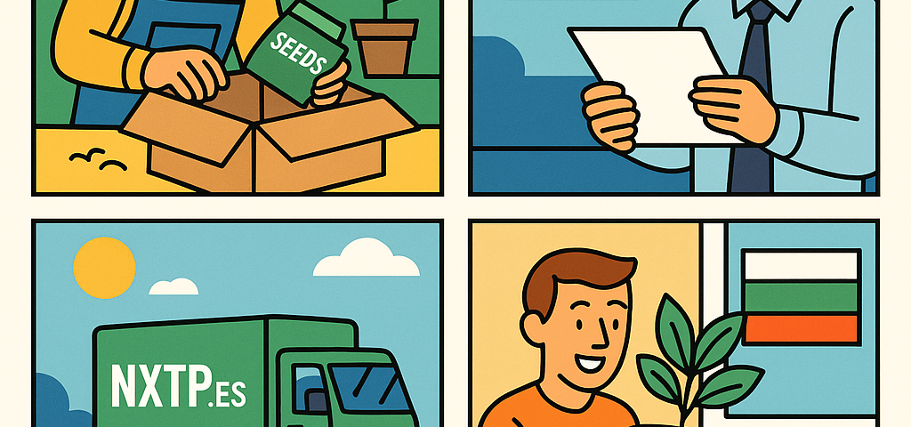 Ilustración cómic Flat Design sobre envío de semillas y plantas a Bulgaria de forma legal y segura con NXTP.es