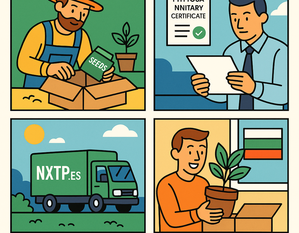 Ilustración cómic Flat Design sobre envío de semillas y plantas a Bulgaria de forma legal y segura con NXTP.es