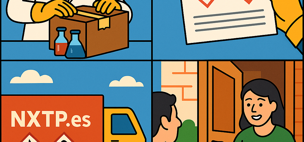 Ilustración cómic Flat Design sobre envío de productos químicos y de laboratorio a Bulgaria con NXTP.es