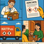 Ilustración cómic Flat Design sobre envío de productos químicos y de laboratorio a Bulgaria con NXTP.es