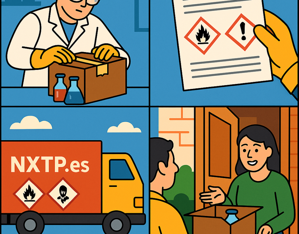 Ilustración cómic Flat Design sobre envío de productos químicos y de laboratorio a Bulgaria con NXTP.es