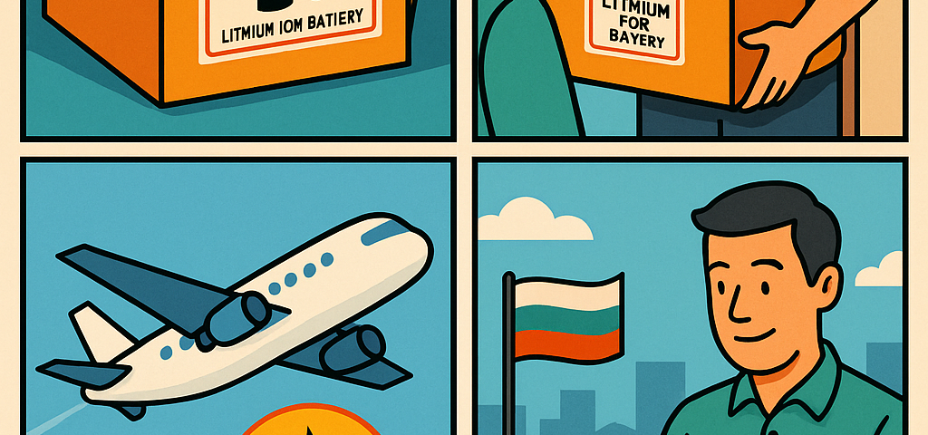 Ilustración cómic Flat Design sobre envío de equipos electrónicos con baterías a Bulgaria con NXTP.es.