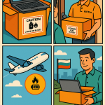 Ilustración cómic Flat Design sobre envío de equipos electrónicos con baterías a Bulgaria con NXTP.es.