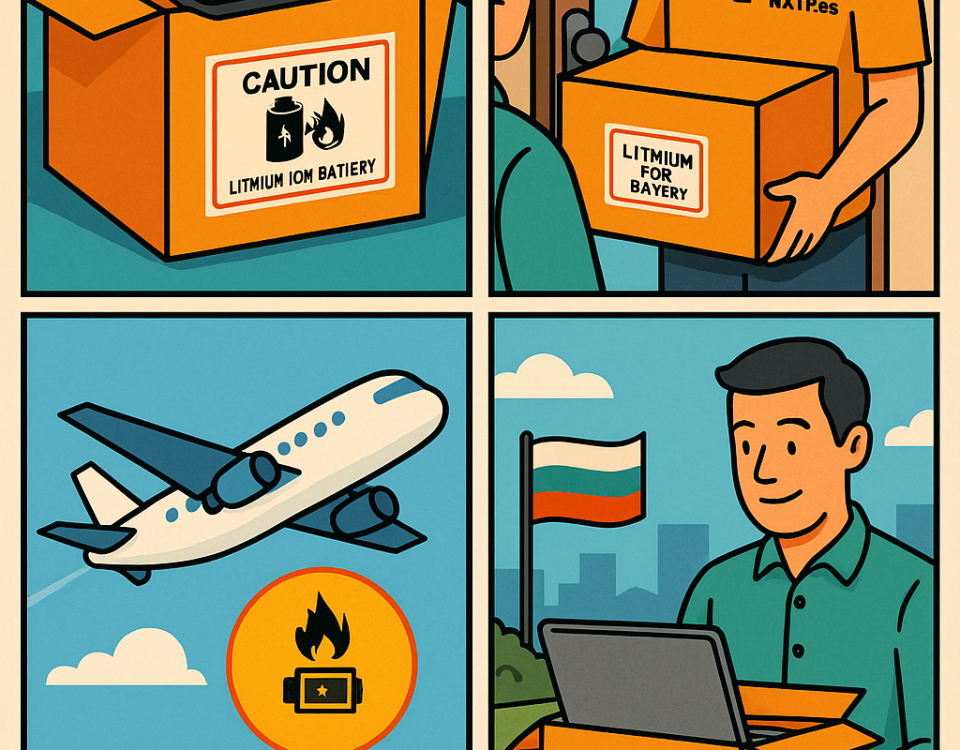 Ilustración cómic Flat Design sobre envío de equipos electrónicos con baterías a Bulgaria con NXTP.es.