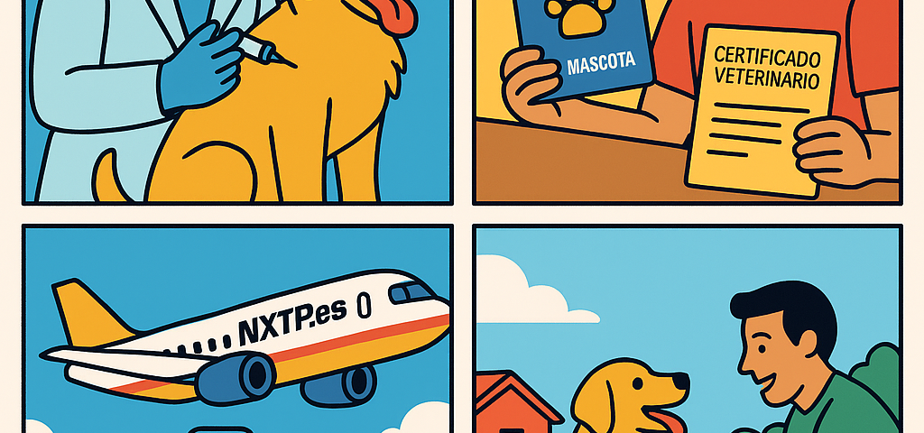 Ilustración cómic Flat Design sobre transporte de mascotas a Bulgaria con NXTP.es