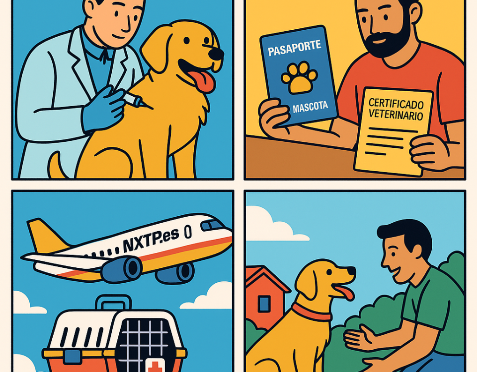 Ilustración cómic Flat Design sobre transporte de mascotas a Bulgaria con NXTP.es