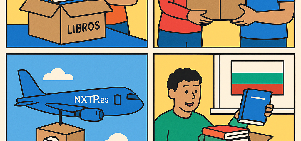 Ilustración cómic Flat Design sobre envío de libros y material educativo a Bulgaria con NXTP.es