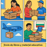 Ilustración cómic Flat Design sobre envío de libros y material educativo a Bulgaria con NXTP.es