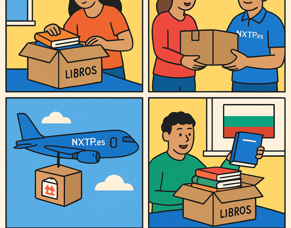Ilustración cómic Flat Design sobre envío de libros y material educativo a Bulgaria con NXTP.es