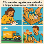 Ilustración cómic Flat Design sobre envío de regalos personalizados a Bulgaria con NXTP.es