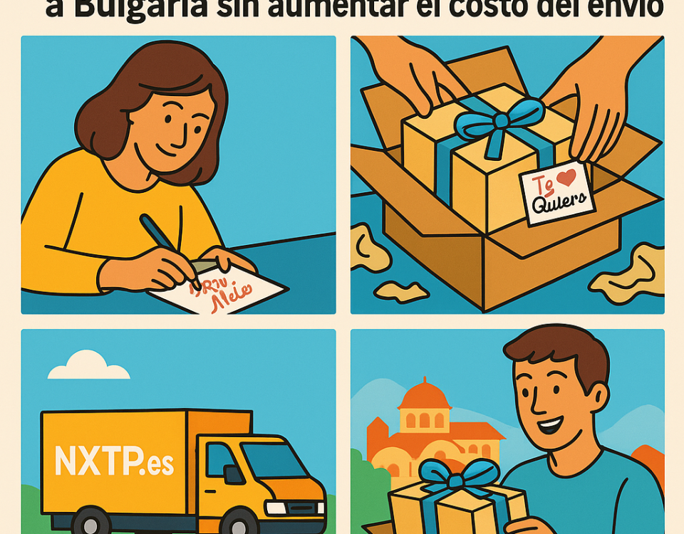 Ilustración cómic Flat Design sobre envío de regalos personalizados a Bulgaria con NXTP.es