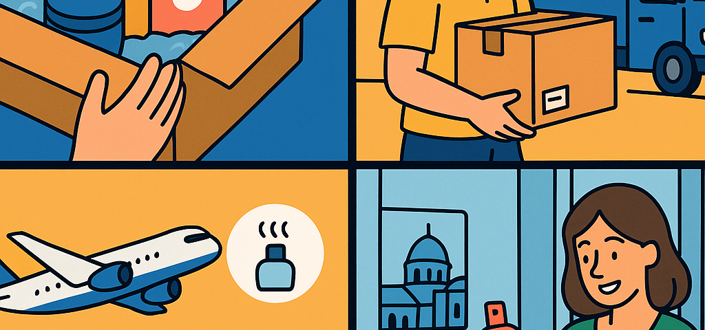 Ilustración cómic Flat Design sobre envío de cosmética y perfumería a Bulgaria con NXTP.es