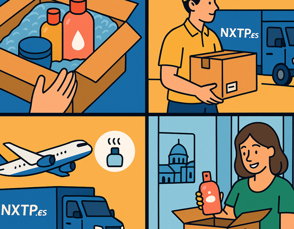 Ilustración cómic Flat Design sobre envío de cosmética y perfumería a Bulgaria con NXTP.es
