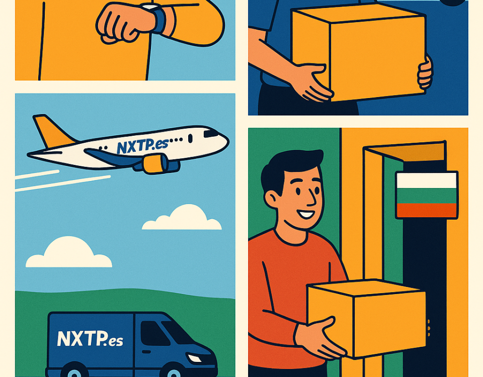 Ilustración cómic Flat Design sobre envíos urgentes a Bulgaria en menos de 48 horas con NXTP.es