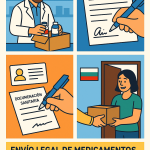 Ilustración cómic Flat Design sobre guía legal para enviar medicamentos a Bulgaria desde España con NXTP.es.