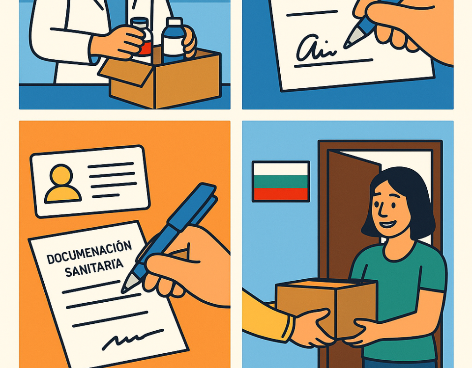 Ilustración cómic Flat Design sobre guía legal para enviar medicamentos a Bulgaria desde España con NXTP.es.