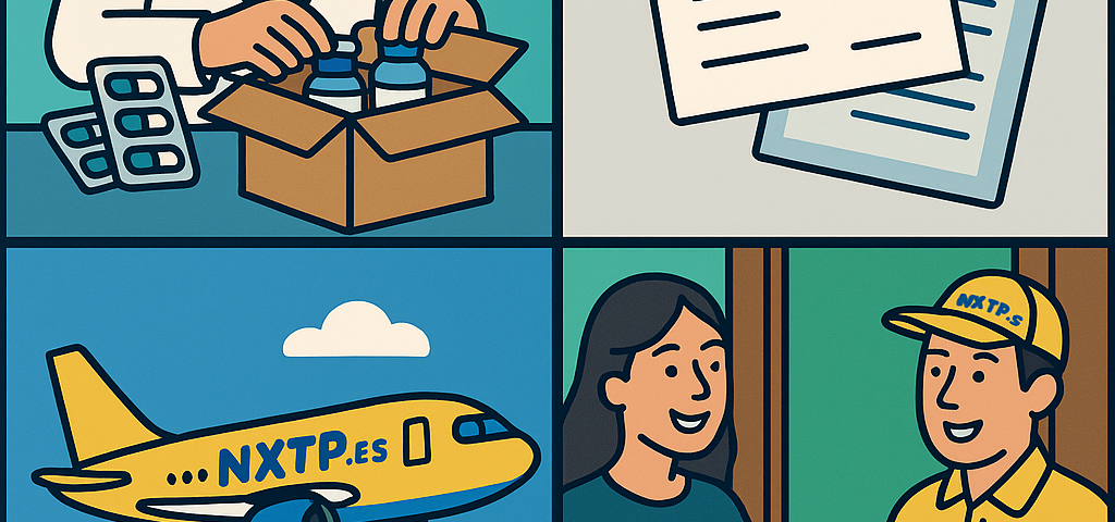 Ilustración cómic Flat Design sobre cómo enviar medicamentos a Bulgaria sin que los retengan en aduanas con NXTP.es.