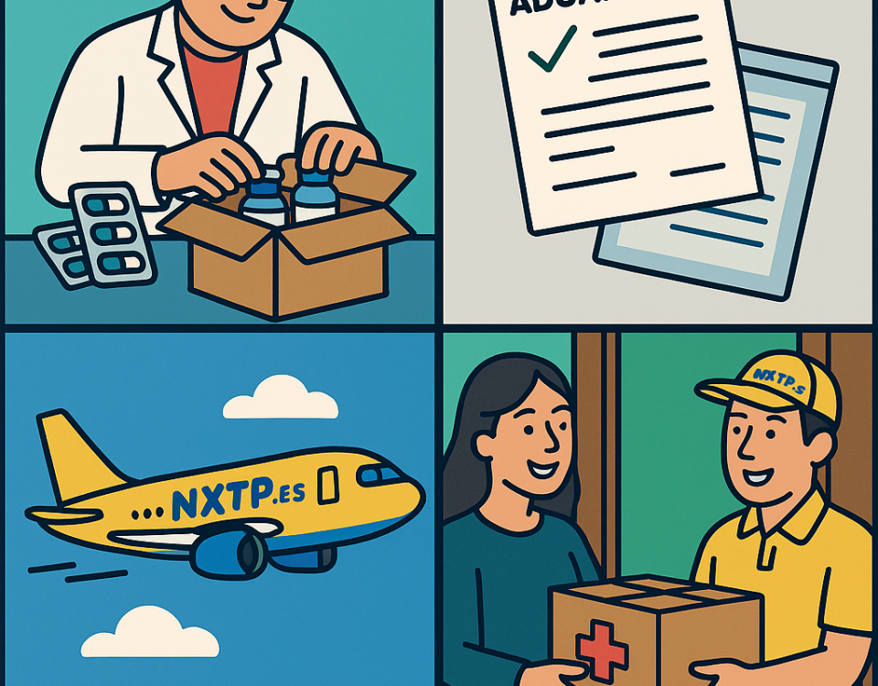 Ilustración cómic Flat Design sobre cómo enviar medicamentos a Bulgaria sin que los retengan en aduanas con NXTP.es.