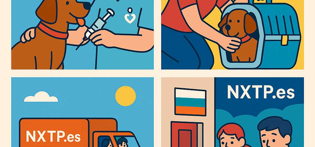 Ilustración cómic Flat Design sobre envío de mascotas España–Bulgaria con NXTP.es.