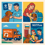 Ilustración cómic Flat Design sobre envío de mascotas España–Bulgaria con NXTP.es.