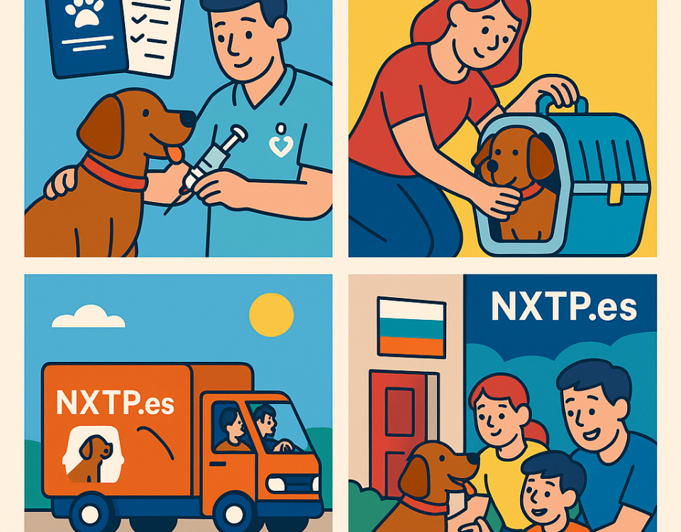 Ilustración cómic Flat Design sobre envío de mascotas España–Bulgaria con NXTP.es.