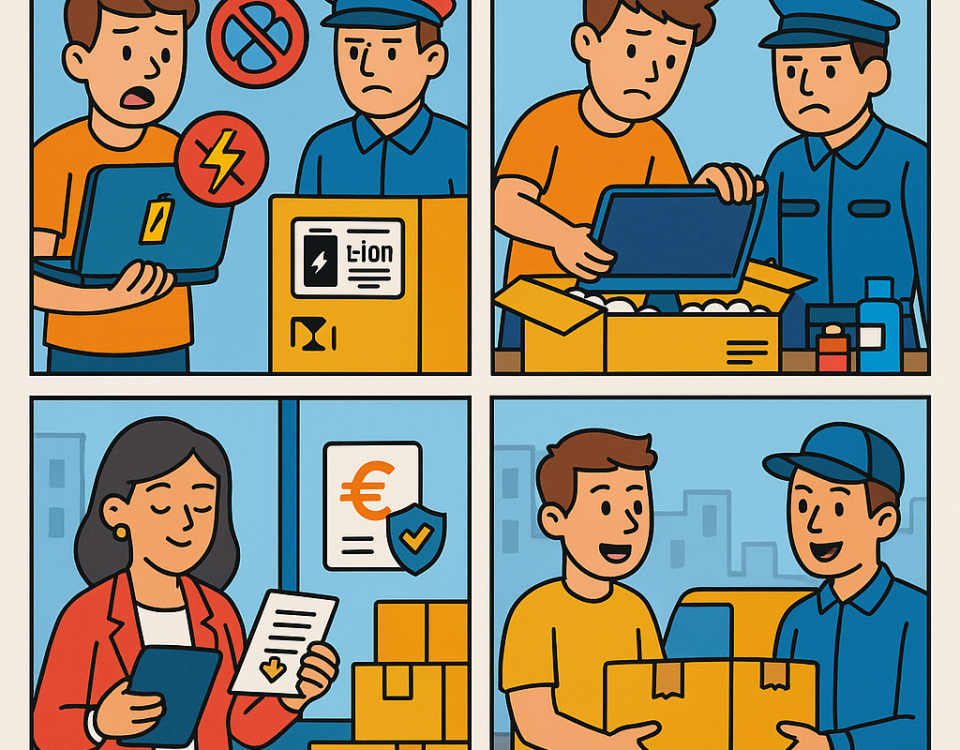 Ilustración cómic Flat Design sobre errores al enviar electrónicos a Bulgaria y cómo evitarlos con NXTP.es