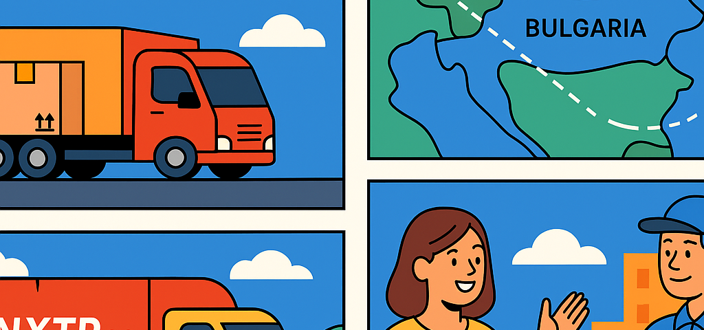 Ilustración cómic Flat Design sobre envíos low-cost España–Bulgaria con NXTP.es