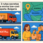 Ilustración cómic Flat Design sobre envíos low-cost España–Bulgaria con NXTP.es