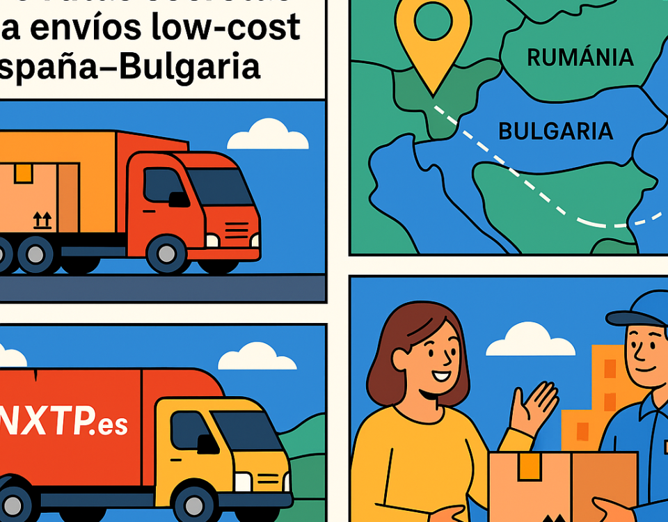 Ilustración cómic Flat Design sobre envíos low-cost España–Bulgaria con NXTP.es