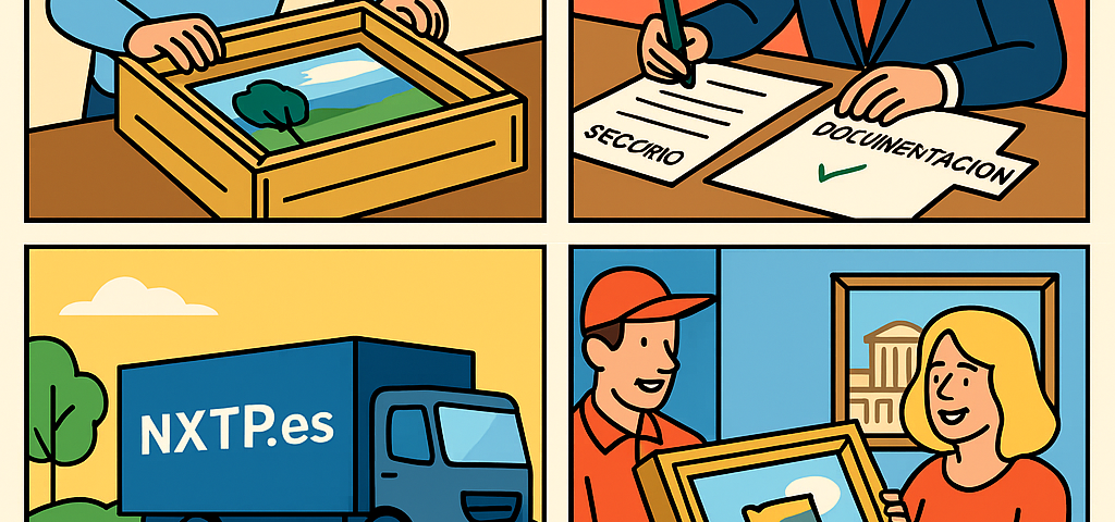 Ilustración cómic Flat Design sobre envío de obras de arte a Bulgaria con NXTP.es.