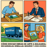 Ilustración cómic Flat Design sobre envío de obras de arte a Bulgaria con NXTP.es.