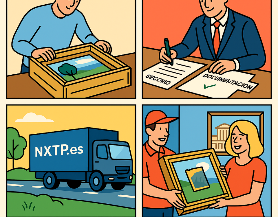 Ilustración cómic Flat Design sobre envío de obras de arte a Bulgaria con NXTP.es.