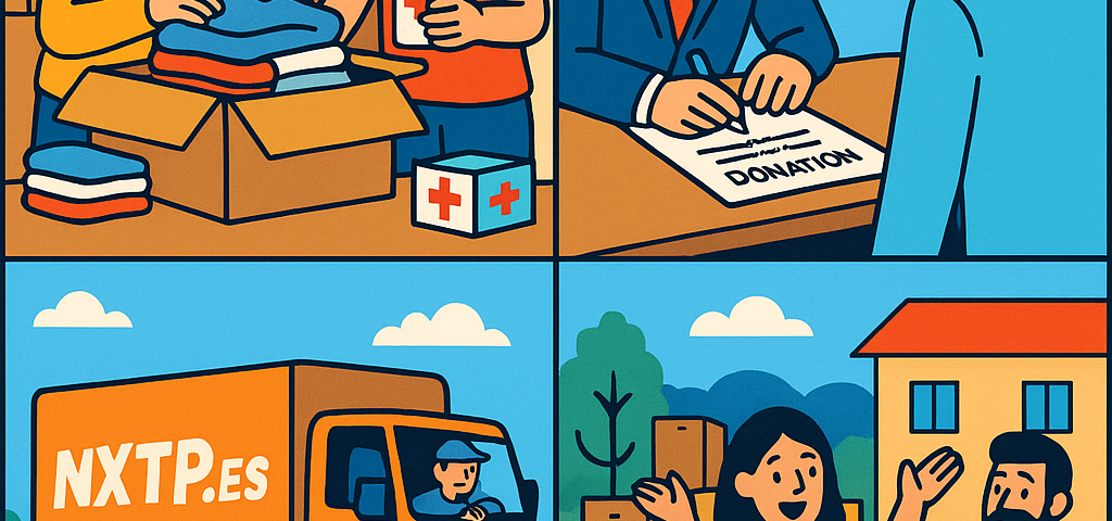 Ilustración cómic Flat Design sobre envíos solidarios a Bulgaria con NXTP.es.