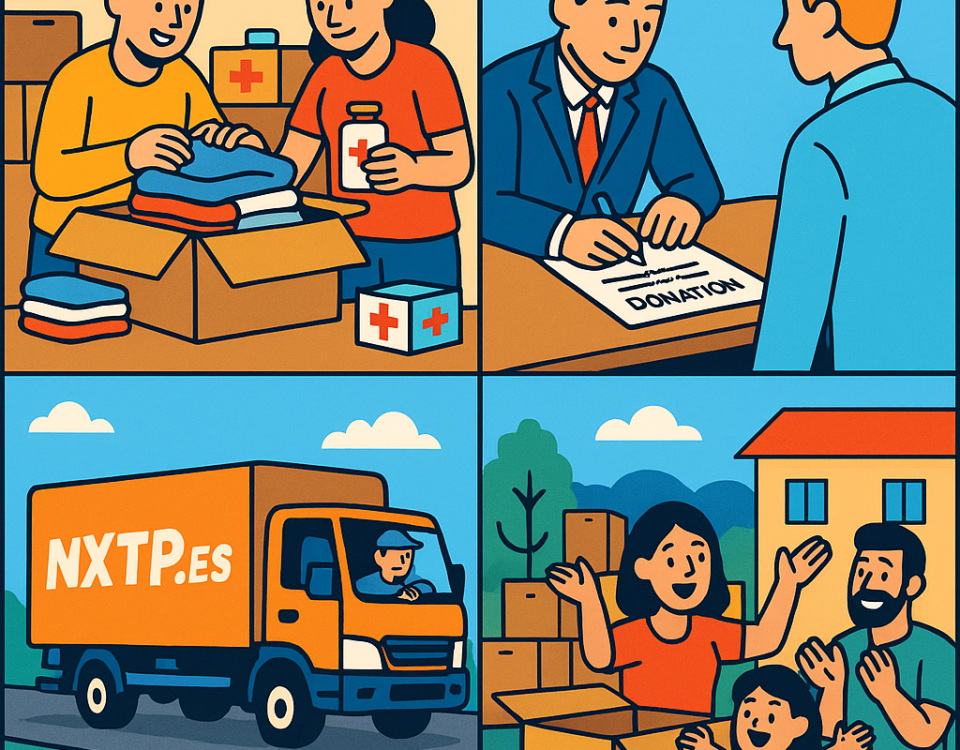 Ilustración cómic Flat Design sobre envíos solidarios a Bulgaria con NXTP.es.