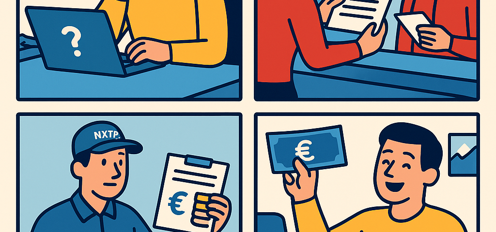 Ilustración cómic Flat Design sobre qué hacer si un envío a Bulgaria desaparece con NXTP.es.
