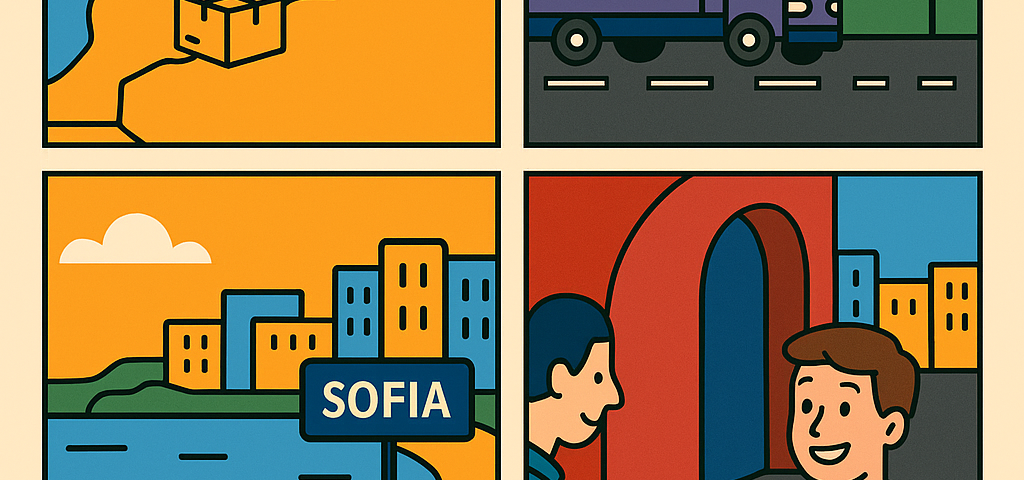 Ilustración cómic Flat Design sobre envíos desde Canarias y Baleares a Bulgaria con NXTP.es.