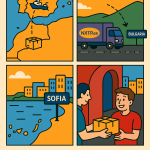 Ilustración cómic Flat Design sobre envíos desde Canarias y Baleares a Bulgaria con NXTP.es.