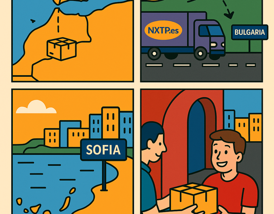 Ilustración cómic Flat Design sobre envíos desde Canarias y Baleares a Bulgaria con NXTP.es.