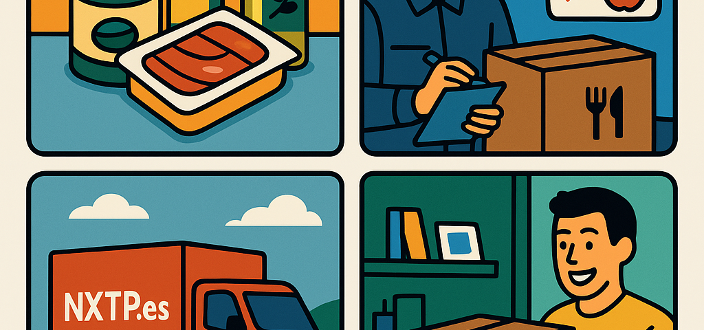 Ilustración cómic Flat Design sobre envío de alimentos a Bulgaria con NXTP.es.