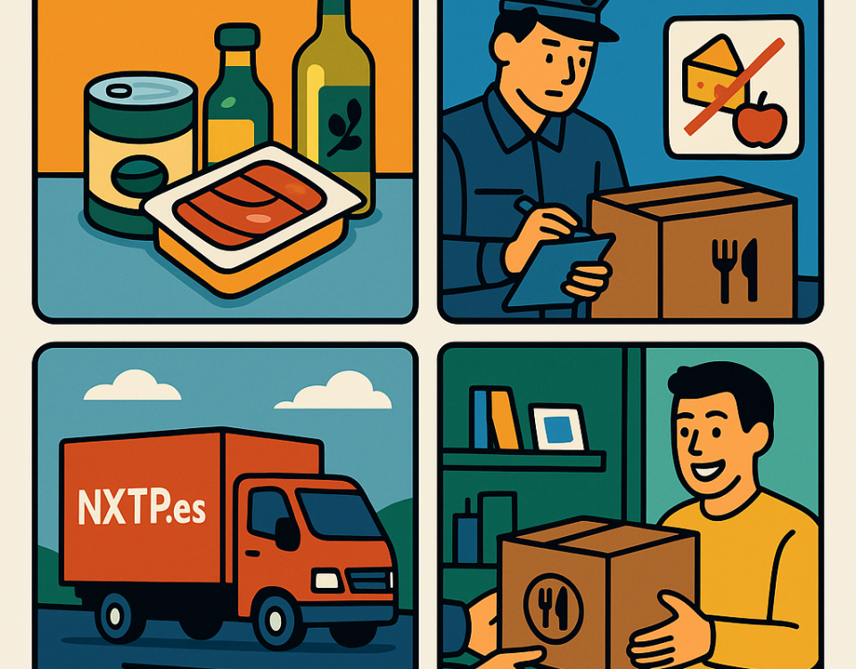 Ilustración cómic Flat Design sobre envío de alimentos a Bulgaria con NXTP.es.