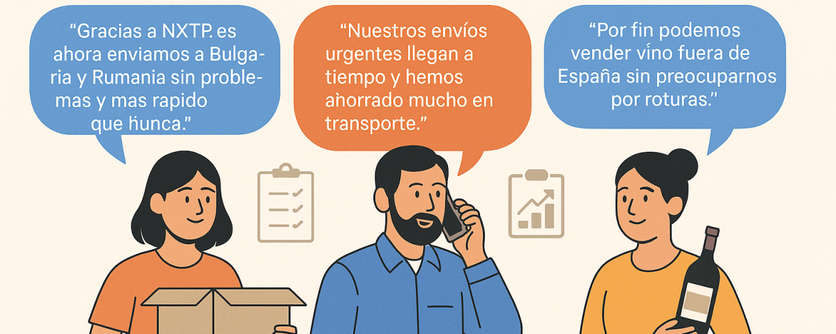Ilustración plana que muestra a tres dueños de pymes dando testimonios positivos sobre la logística de NXTP.es, con globos de diálogo que reflejan sus experiencias.