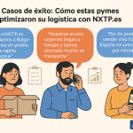 Ilustración plana que muestra a tres dueños de pymes dando testimonios positivos sobre la logística de NXTP.es, con globos de diálogo que reflejan sus experiencias.